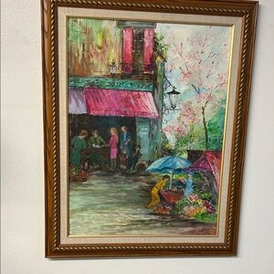 Framed Floral Market Scene Painting in Pink and Green